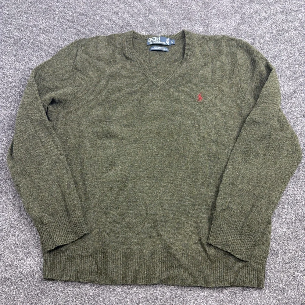 VTG Polo Ralph Lauren Olive Green Lambs Wool V-Neck‎ Sweater Size Large Pullover